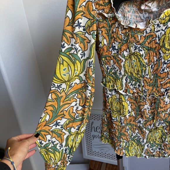 Anthropologie The Rayna Relaxed Smocked Yellow Floral Long Sleeve Mesh Blouse - Picture 4 of 10